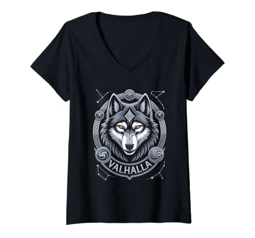 Damen Wolf von Odin Valhalla keltische Runen Wikinger Mythologie T-Shirt mit V-Ausschnitt von nordische Kultur und Nordmänner Designs