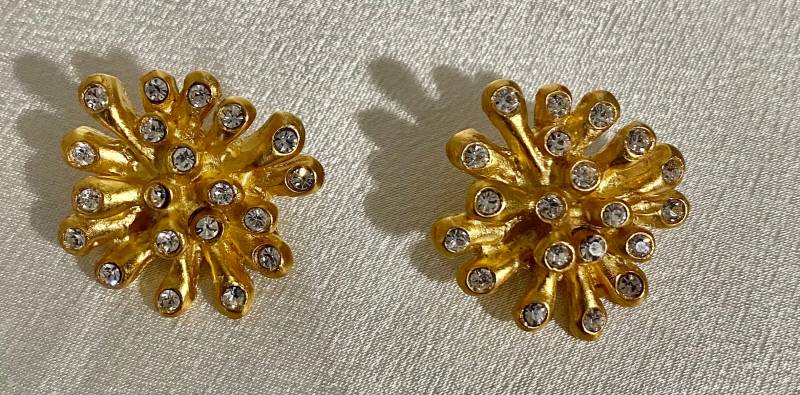Norma Jean Designs Vintage Clip Spray Matt Goldene Ohrringe Mit Kristallen. Made in Usa Signiert von normajeandesignerUS