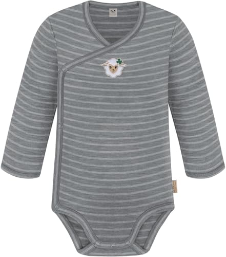 Baby Bio Merino Wickelbody Langarmbody mit Knopf aus Merinowolle Langarm-Strampler Einteiler 0-24 Monate für Junge und Mädchen Farbe Grau gestreift Größe 62 von normani