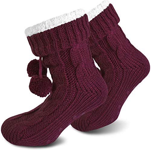 Damen Hausschuh-Socken Wintersocken für zuhause mit ABS Sohle Innenfell Extra dicke Haussocken Anti Rutsch Sohle Farbe Bordeaux Größe 40/44 von normani