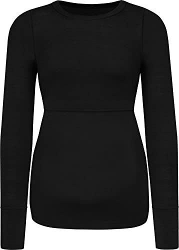 Damen Merino Umstands-Langarm-Shirt Stillshirt mit Rundhalsausschnitt - Schwangerschafts Oberteil Umstandspullover aus RWS zertifizierter Merinowolle und Elasthan Farbe Schwarz Größe M von normani