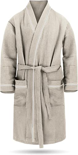Herren Morgenmantel aus 100% Baumwolle - Waffelbademantel - dünner Kimono für Männer (Gr. S - 6XL) Farbe Beige Größe 4XL von normani