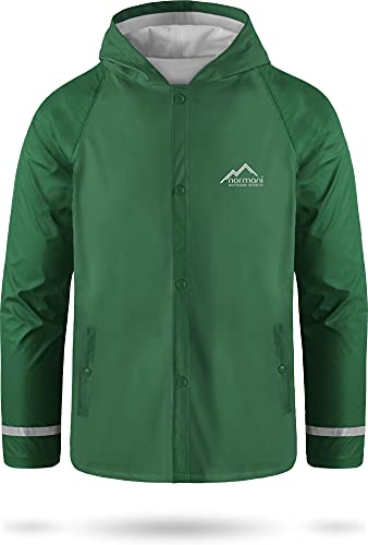 Kids Kinder Regenjacke mit Kapuze Regenmantel mit Einschubtaschen für Jungen und Mädchen - Wassersäule: 5000 mm mit 3M™ Scotchlite™ Reflektoren und 2-Wege-Stretch Farbe Dunkelgrün Größe M-134/140 von normani