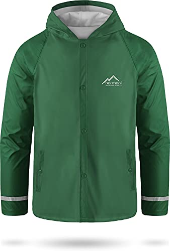 Kids Kinder Regenjacke mit Kapuze Regenmantel mit Einschubtaschen für Jungen und Mädchen - Wassersäule: 5000 mm mit 3M™ Scotchlite™ Reflektoren und 2-Wege-Stretch Farbe Dunkelgrün Größe XL-158/164 von normani