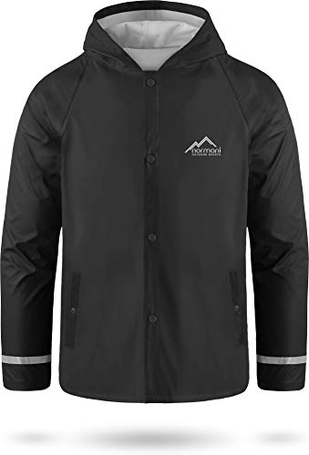 Kids Kinder Regenjacke mit Kapuze Regenmantel mit Einschubtaschen für Jungen und Mädchen - Wassersäule: 5000 mm mit 3M™ Scotchlite™ Reflektoren und 2-Wege-Stretch Farbe Schwarz Größe M-134/140 von normani