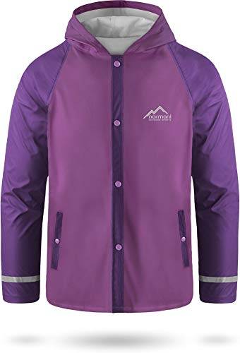 Kids Kinder Regenjacke mit Kapuze Regenmantel mit Einschubtaschen für Jungen und Mädchen - Wassersäule: 5000 mm mit 3M™ Scotchlite™ Reflektoren und 2-Wege-Stretch Farbe Violett Größe XXL-170/176 von normani