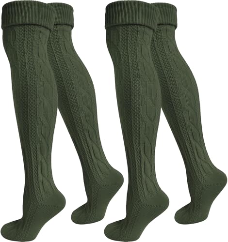 Trachten-Kniestrümpfe mit Zopfstrickmuster – 1, 2 oder 4 Paar, Bayerisches Design, Extralang & Bequem Farbe Oliv - 2 Paar Größe 39/42 von normani