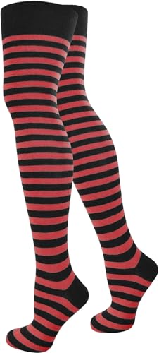 normani 1-10 Paar Damen Karneval Kostüm Fasching Baumwoll-Overknees Blickdicht Halterlose Strümpfe mit Streifen Farbe Schwarz/Rot Größe 2 Paar von normani