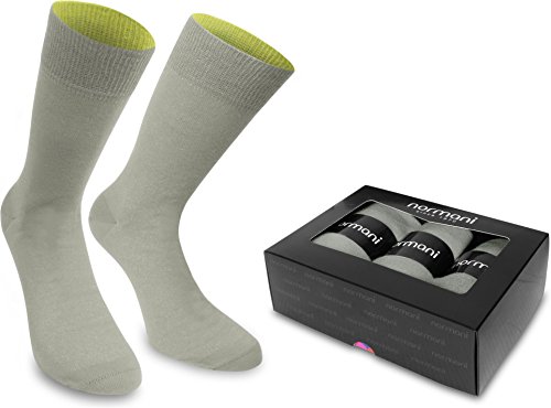 normani 3 Paar Bi-Color Socken für Herren und Damen - Baumwolle - farbig abgesetzter Bund Farbe 3er Box - Silber/Säuregelb Größe 39/42 von normani