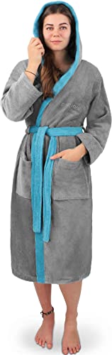 normani Damen Frottee Baumwoll Bademantel - Saunamantel - zweifarbig mit Kapuze (Gr. XS - 4XL) Farbe Grau/Blau Größe M von normani