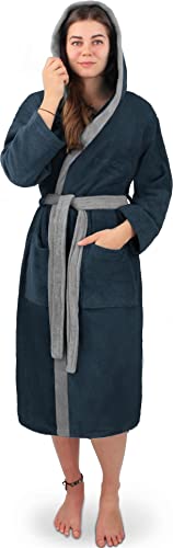 normani Damen Frottee Baumwoll Bademantel - Saunamantel - zweifarbig mit Kapuze (Gr. XS - 4XL) Farbe Marine/Grau Größe XXXL von normani