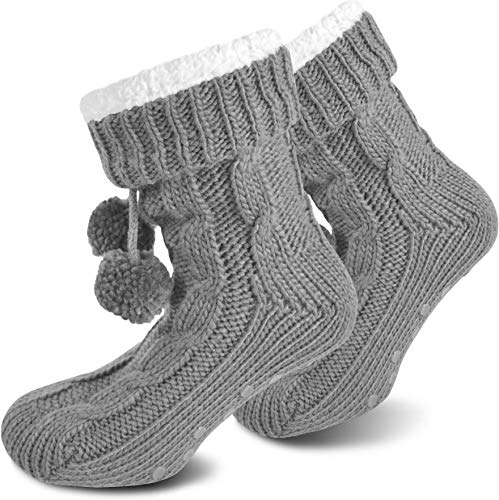 normani Damen Hausschuh-Socken Wintersocken für zuhause mit ABS Sohle Innenfell Extra dicke Haussocken Anti Rutsch Sohle Farbe Grau Größe 40/44 von normani