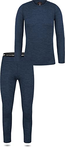 normani Damen Merino Unterwäsche-Set Garnitur (Langarmshirt Unterhemd und Unterhose) 100% Merinowolle Thermounterwäsche Ski-Funktionsunterwäsche Farbe Navy/Rundhals Größe L von normani