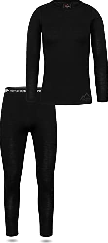 normani Damen Merino Unterwäsche-Set Garnitur (Langarmshirt Unterhemd und Unterhose) 100% Merinowolle Thermounterwäsche Ski-Funktionsunterwäsche Farbe Schwarz/Rundhals Größe S von normani