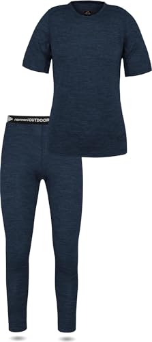 normani Damen Merino Unterwäsche-Set Garnitur - Kurzarm T-Shirt und Unterhose Set - 100% Merinowolle Thermounterwäsche Ski-Funktionsunterwäsche Farbe Navy Größe M von normani