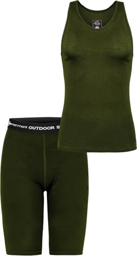 normani Damen Merino Unterwäsche Sommer-Set - Ärmelloses Unterhemd Top und Kurze Sport-ShortsFunktionsunterwäsche - 100% RWS Merinowolle - Mulesing Frei Farbe Oliv Größe S von normani