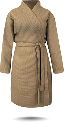 normani Damen dünner Bademantel aus 100% Baumwolle - langer Kimono mit Waffeloptik - Waffelbademantel für Frauen Farbe Beige Größe S von normani
