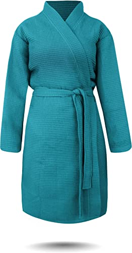 normani Damen dünner Bademantel aus 100% Baumwolle - Langer Kimono mit Waffeloptik - Waffelbademantel für Frauen Farbe Türkis Größe XXL von normani