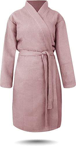 normani Damen dünner Bademantel aus 100% Baumwolle - Langer Kimono mit Waffeloptik - Waffelbademantel für Frauen Farbe Rosa Größe L von normani