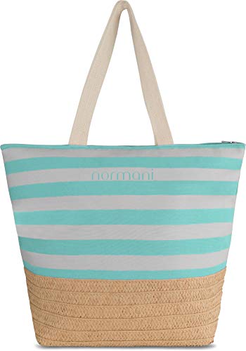 normani Große Damen Strandtasche - Einkaufstasche - Beach Tasche mit wasserdichtem Fach 30 Liter - gestreiftes Design Farbe Mint von normani