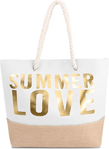 normani Große Strandtasche Schultertasche Einkaufstasche Shopper Badetasche Beachbag für Damen Weekend Bag Farbe Summer Love White/Gold von normani