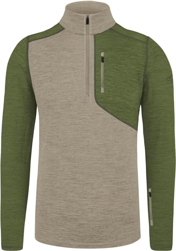 normani Herren Premium Merino Outdoor Langarm-Shirt Longsleeve mit Reißverschluss, 100% Merinowolle Pullover mit 1/4 Zip Farbe Khaki/Grün Größe XXL/56 von normani