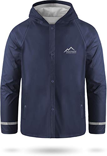 normani Kids Kinder Regenjacke mit Kapuze Regenmantel mit Einschubtaschen für Jungen und Mädchen - Wassersäule: 5000 mm mit 3M™ Scotchlite™ Reflektoren und 2-Wege-Stretch Farbe Navy Größe XXL-170/176 von normani