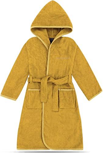normani Kinder Bademantel auf 100% Bio-Baumwolle Badetuch für Jungen und Mädchen - nachhaltiger Frottee Bademantel Farbe Gelb Größe 122-128 von normani