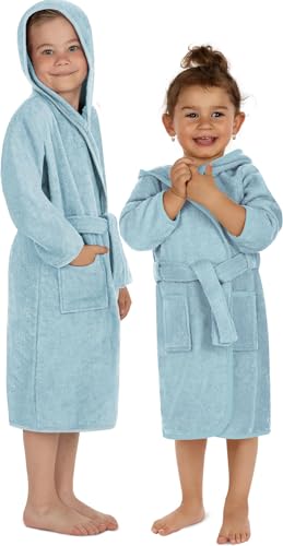normani Kinder Frottee Bademantel aus 100% Bio-Baumwolle - Mädchen und Jungen Bademantel aus saugstarker Baumwolle mit festgenähtem Gürtel Farbe Himmelblau Größe 122-128 von normani