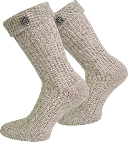 Kurze oder Lange Trachtensocken Trachtenstrümpfe Zopf muster Socken meliert Farbe Naturmelange mit Edelweiß-Anstecker Größe 47/50 von normani