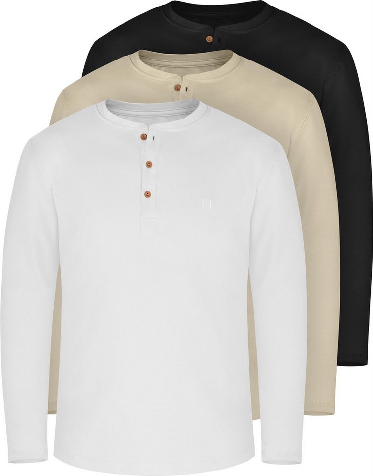 normani Langarmshirt 3er Set Herren Langarm Shirts aus Bio-Baumwolle Basic Henley Shirt für Männer GOTS-zertifiziert von normani