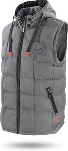 normani OUTDOOR SPORTS Wattierte Steppweste Bodywarmer - 100% Winddichte Outdoor Weste mit Lederpatch, Kapuze und Stehkragen Farbe Hellgrau Größe 4XL/60 von normani