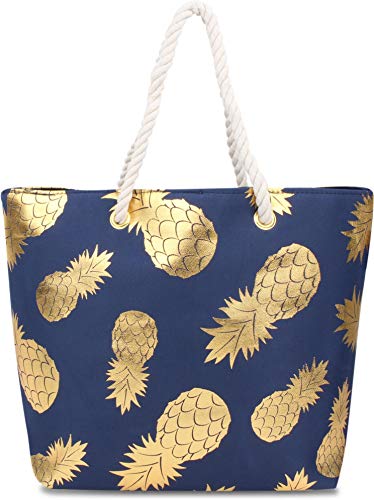 normani Strandtasche Schultertasche Handtasche Umhängetasche mit Sommer Design und großem Volumen Farbe Gold Pineapple von normani