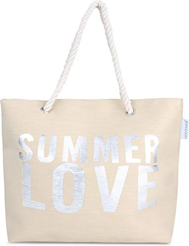 normani Strandtasche Schultertasche Handtasche Umhängetasche mit Sommer Design und großem Volumen Farbe Summer Love Beige von normani