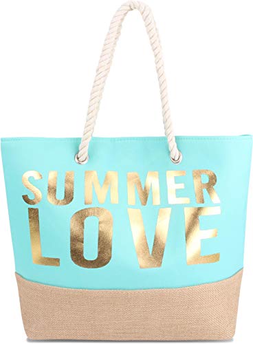 normani Strandtasche Schultertasche Handtasche Umhängetasche mit Sommer Design und großem Volumen Farbe Summer Love Turquoise/Gold von normani