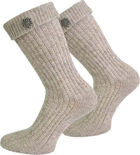 Trachten-Umschlagsocken im Landhaus-Stil - mit aufwändiger Applikation Farbe Naturmelange mit Edelweiß-Anstecker Größe 43/46 von normani