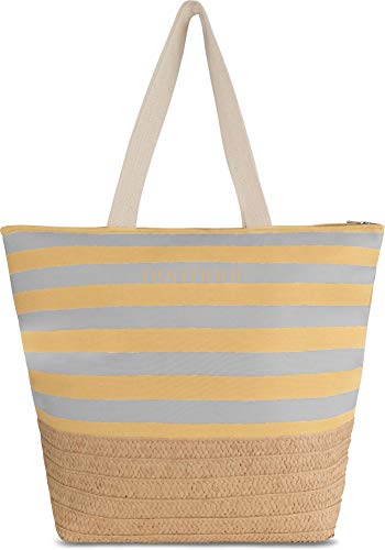 normani XXL Strandtasche mit Reißverschluss, Henkeln und Innentasche - Shopper groß - Damen Schultertasche Beach Bag gestreift- große Tasche mit Stroh 30 Liter Farbe Gelb von normani