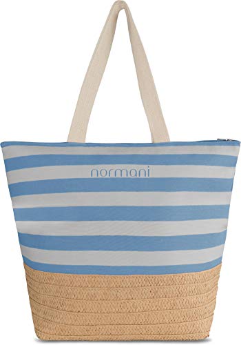 normani XXL Strandtasche mit Reißverschluss, Henkeln und Innentasche - Shopper groß - Damen Schultertasche beach bag gestreift- große Tasche mit Stroh 23 Liter Farbe Blue von normani