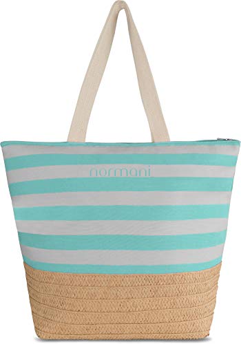 normani XXL Strandtasche mit Reißverschluss, Henkeln und Innentasche - Shopper groß - Damen Schultertasche beach bag gestreift- große Tasche mit Stroh 23 Liter Farbe Mint von normani