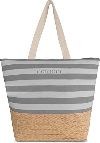 normani XXL Strandtasche mit Reißverschluss, Henkeln und Innentasche - Shopper groß - Damen Schultertasche beach bag gestreift- große Tasche mit Stroh 23 Liter Farbe Grau von normani
