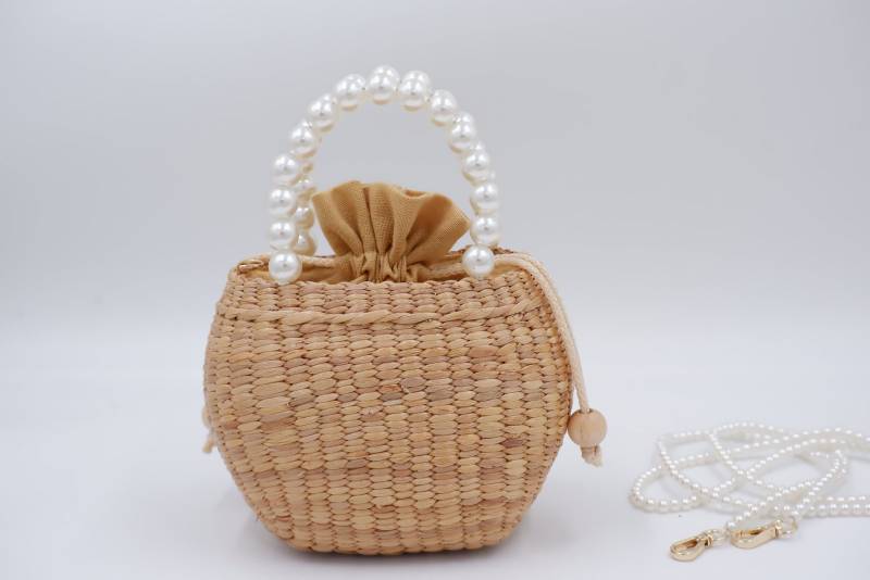 Gewebte Wasserhyazinthe Mädchentasche Perlengriff, Abnehmbarer Riemen Gewebte Wasserhyazinthe Mädchentasche Perlengriff, Abnehmbarer Riemen von nornorbag