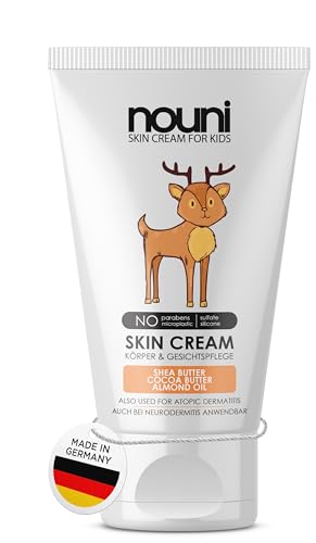 Baby & Kinder Hautcreme – Körper & Gesicht | Ohne Parabene, Silikone & Mikroplastik – Feuchtigkeitscreme mit Shea- & Kakaobutter, Mandelöl – Für empfindliche Haut – Made in Germany | 75ml | nouni von nouni