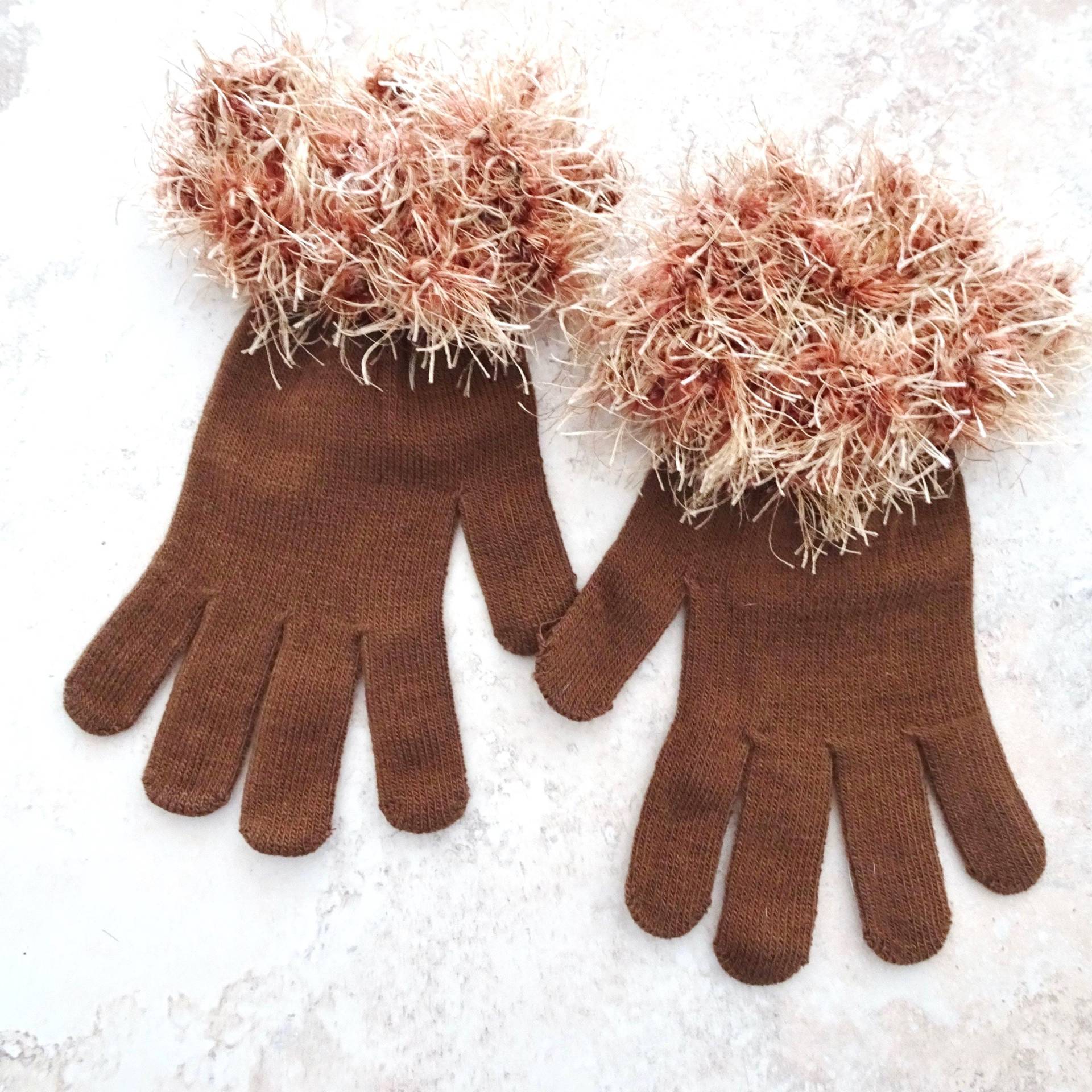 Braune Stricken Handschuhe, Gehäkelte Verzierte Manschetten, Manschetten Aus Kunstpelzgarn, Neuheit Elegante Geschenk Für Sie von novelknitsdlm