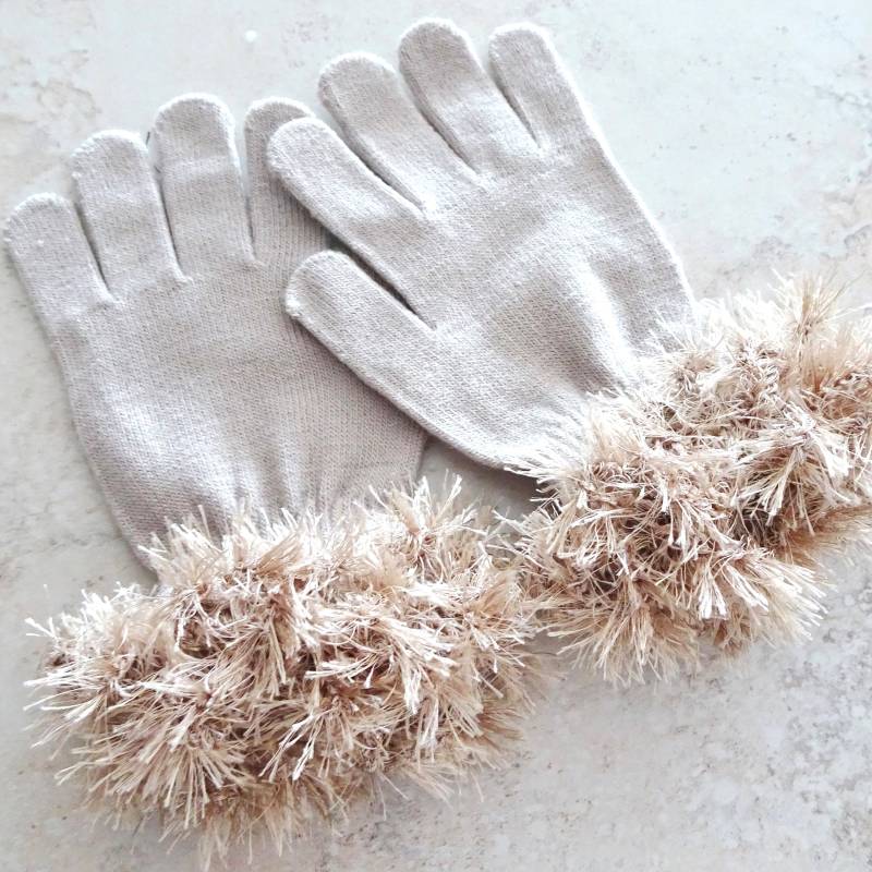 Camel Beige Strick Winter Handschuhe Gehäkelte Kunstpelz Manschetten von novelknitsdlm