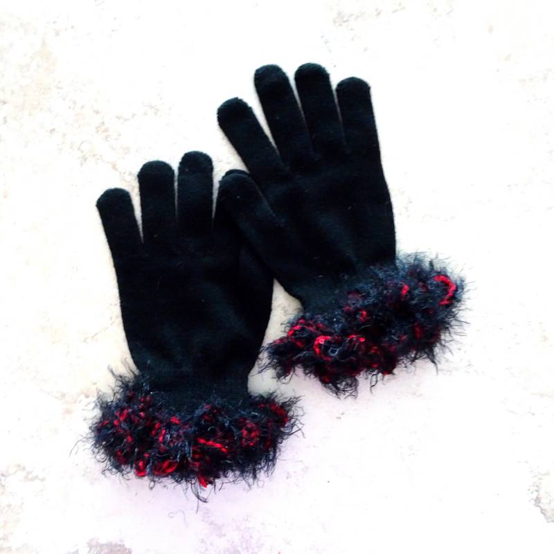 Gehäkelte Verzierte Schwarze Handschuhe Neuheit Pelzgarn Manschetten von novelknitsdlm