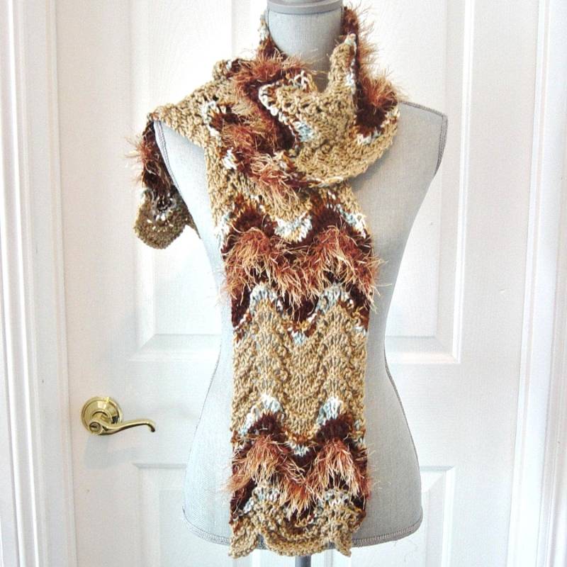 Handgestrickter Chevron Schal Braun Tan & Aqua Boho Winter Schal von novelknitsdlm