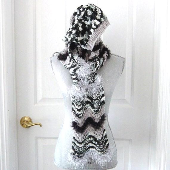 Winterschal & Mütze Geschenk Set, Chevron Streifen Schwarz Und Grau von novelknitsdlm