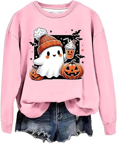 nsiaot Sweatshirt Damen Baumwolle Langarm Hatless Oversize Shirt Große Größen Halloween Stilvoll Printing Übergroß Langarmshirt Rundhals-Pullover Vintage Winterkleidung Ghost Bequeme Ohne Kapuze von nsiaot