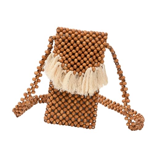 nuanzhiyuan Handgefertigte Quastentasche mit Perlen für Damen, Reise-Handy, Geldbörse, Strand, Urlaub, Crossbody-Tasche mit Holzperlen nuanzhiyuan Handgefertigte Quastentasche mit Perlen für Damen, Reise-Handy, Geldbörse, Strand, Urlaub, Crossbody-Tasche mit Holzperlen von nuanzhiyuan