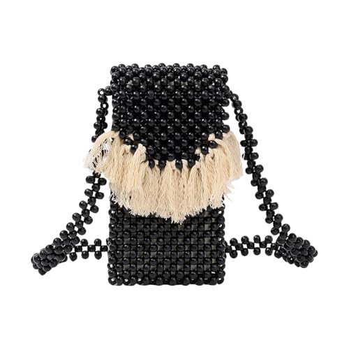 nuanzhiyuan Handgefertigte Quastentasche mit Perlen für Damen, Reise-Handy, Geldbörse, Strand, Urlaub, Crossbody-Tasche mit Holzperlen nuanzhiyuan Handgefertigte Quastentasche mit Perlen für Damen, Reise-Handy, Geldbörse, Strand, Urlaub, Crossbody-Tasche mit Holzperlen von nuanzhiyuan